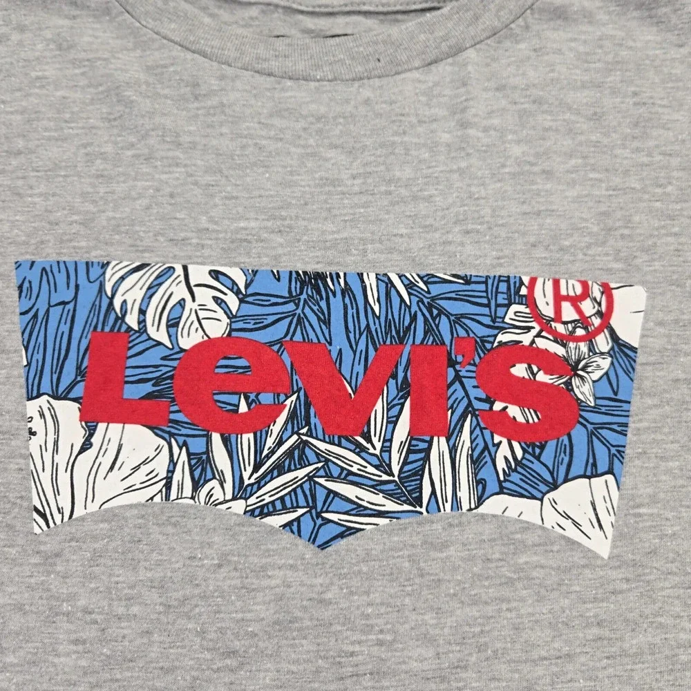 Levi's‎ Shirt Mens XXL Gray Heather Palm Graphic Tab Spellout Short Sleeve Crew